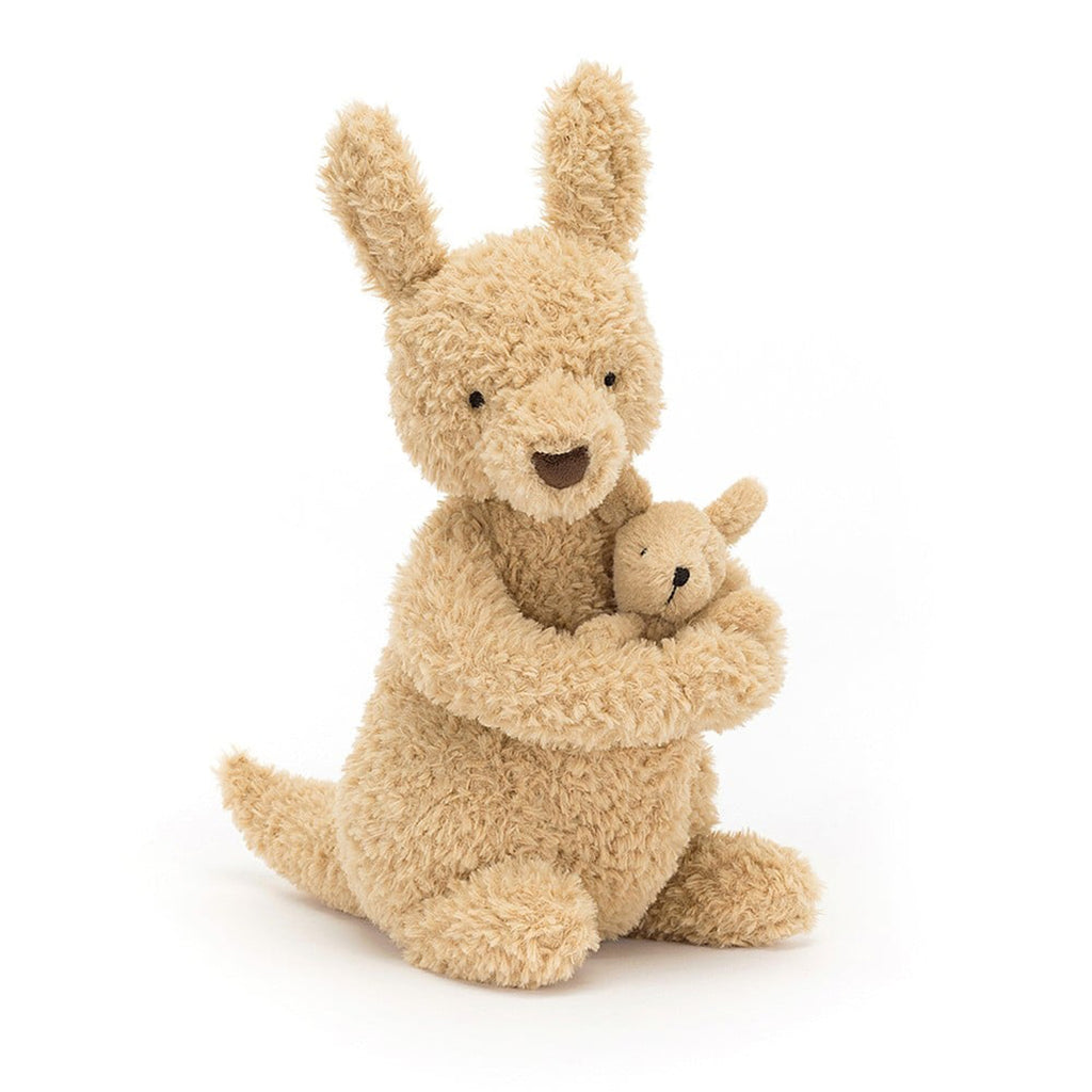 Jellycat Huddles Kangaroo plush toy with tan fur, holding a joey in her pocket, front view.