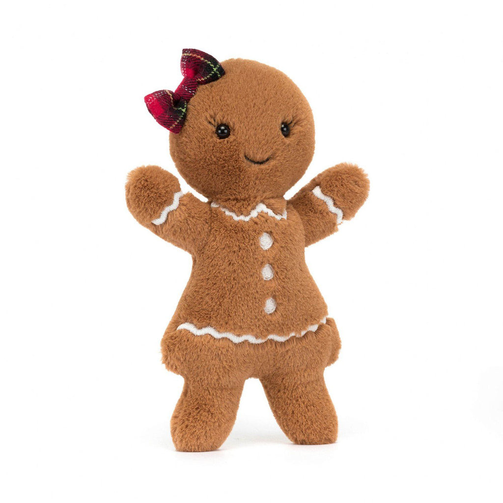 Jellycat Medium Jolly Gingerbread Ruby holiday plush toy with red plaid bow, black button eyes and stitched features, front view.