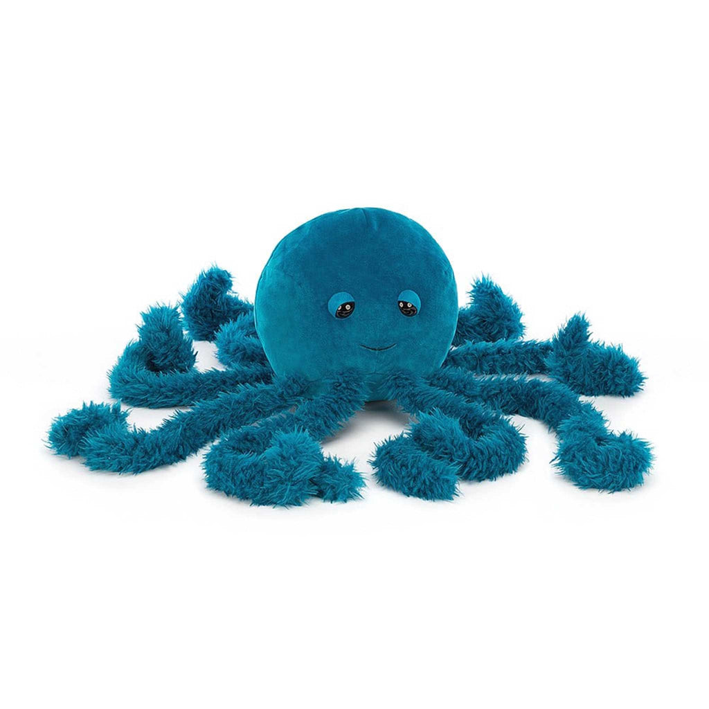 Jellycat Letty Jellyfish plush toy with teal blue furry legs, front view.