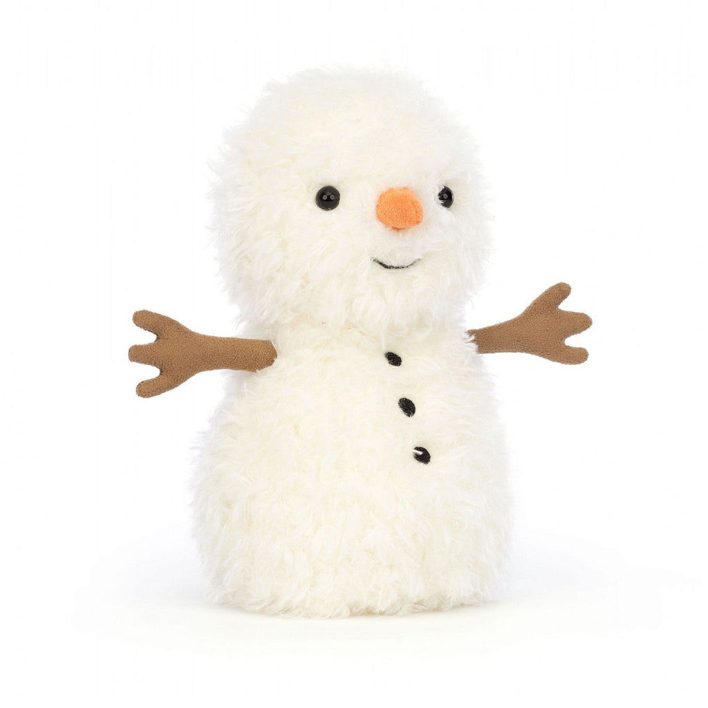 Jellycat Little Snowman plush toy with white furry body, brown stick arms, black button eyes and a suede carrot nose, front view.