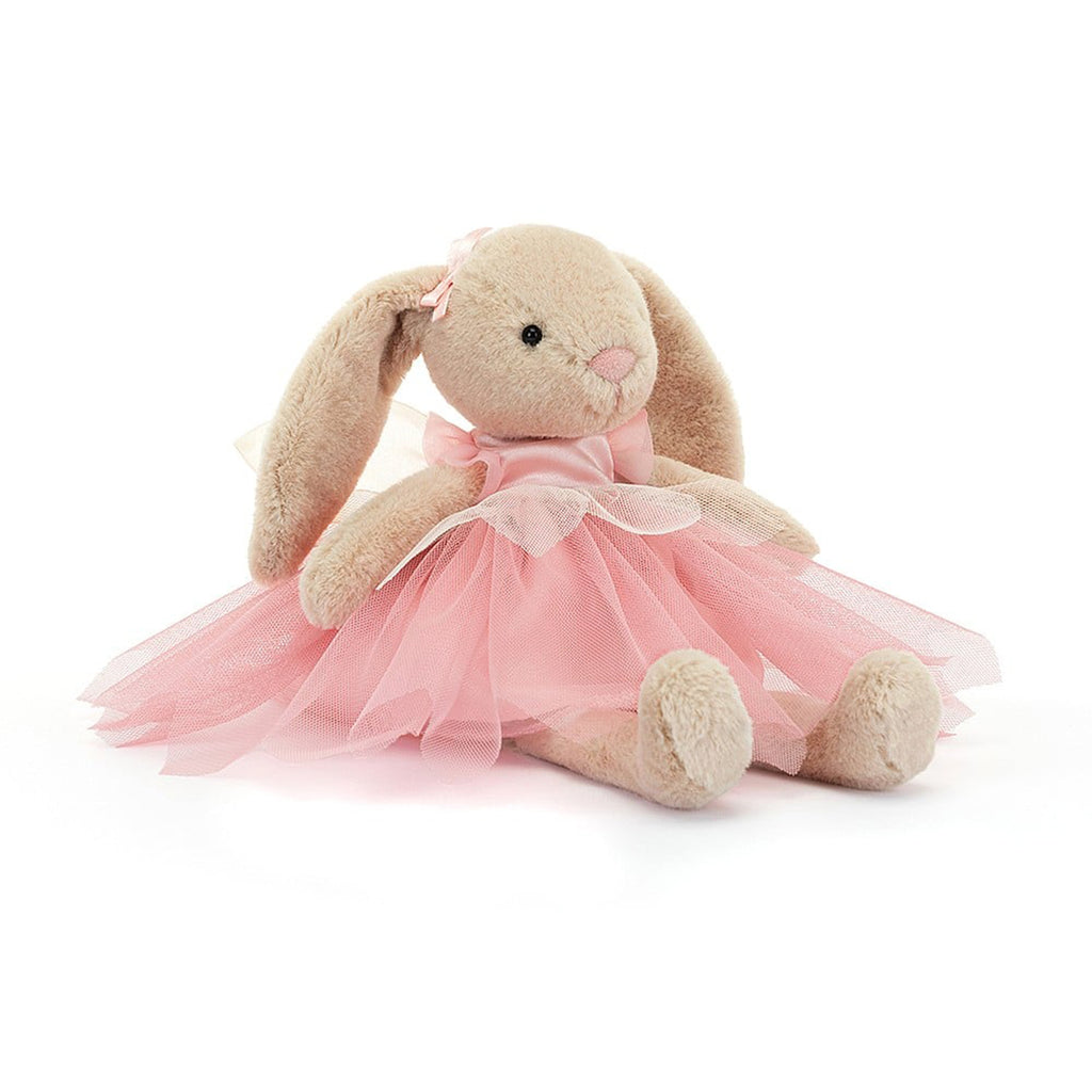 Jellycat Lottie Bunny Fairy plush toy with pink tutu and ribbon on ears, front view.