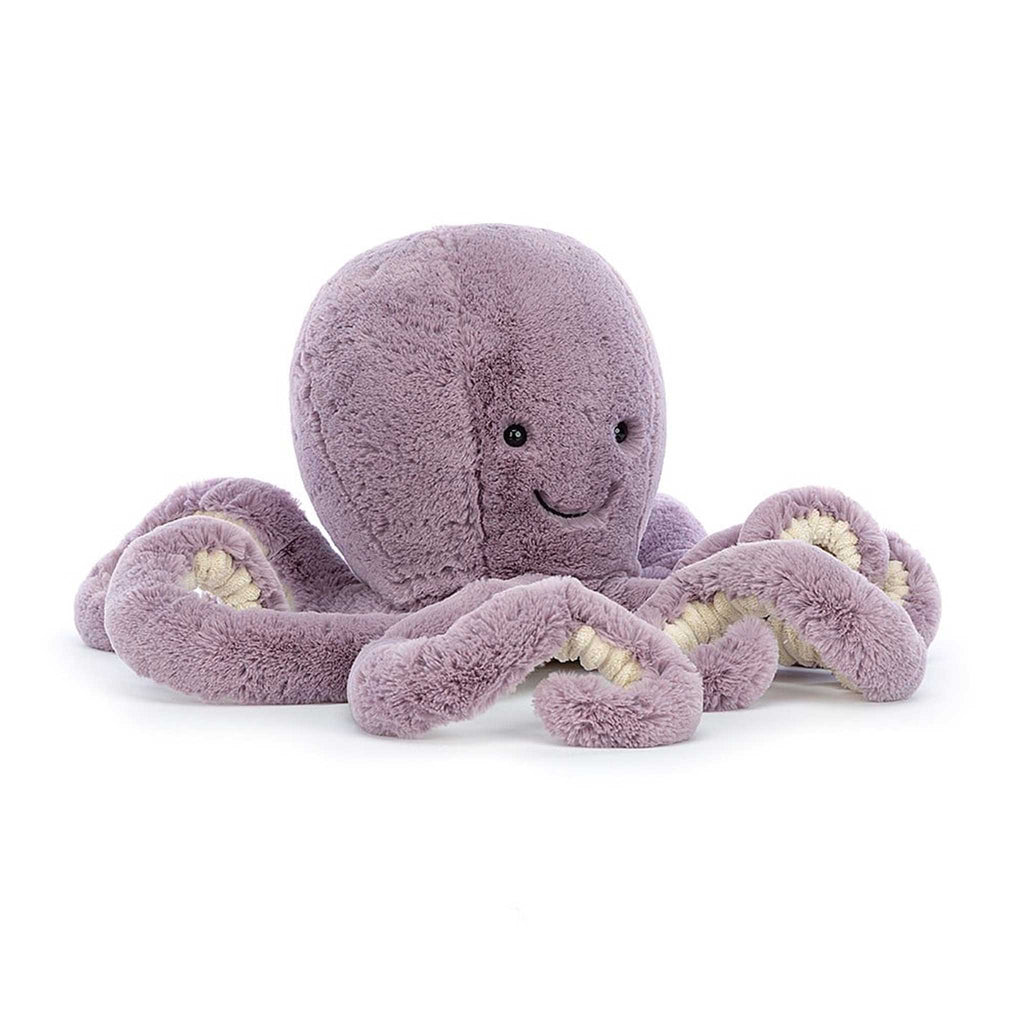 Jellycat Large Maya Octopus with purple fur, front view.