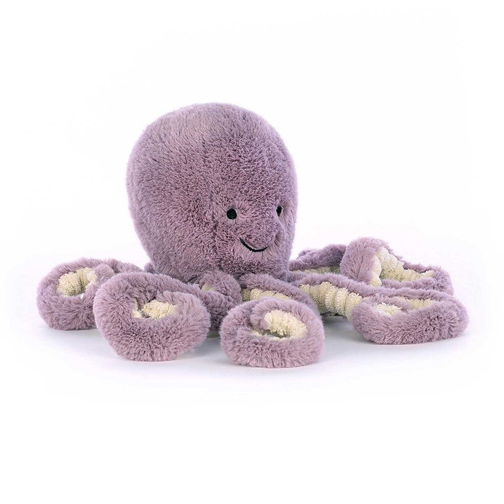 Jellycat Little Maya Octopus with purple fur, front view.