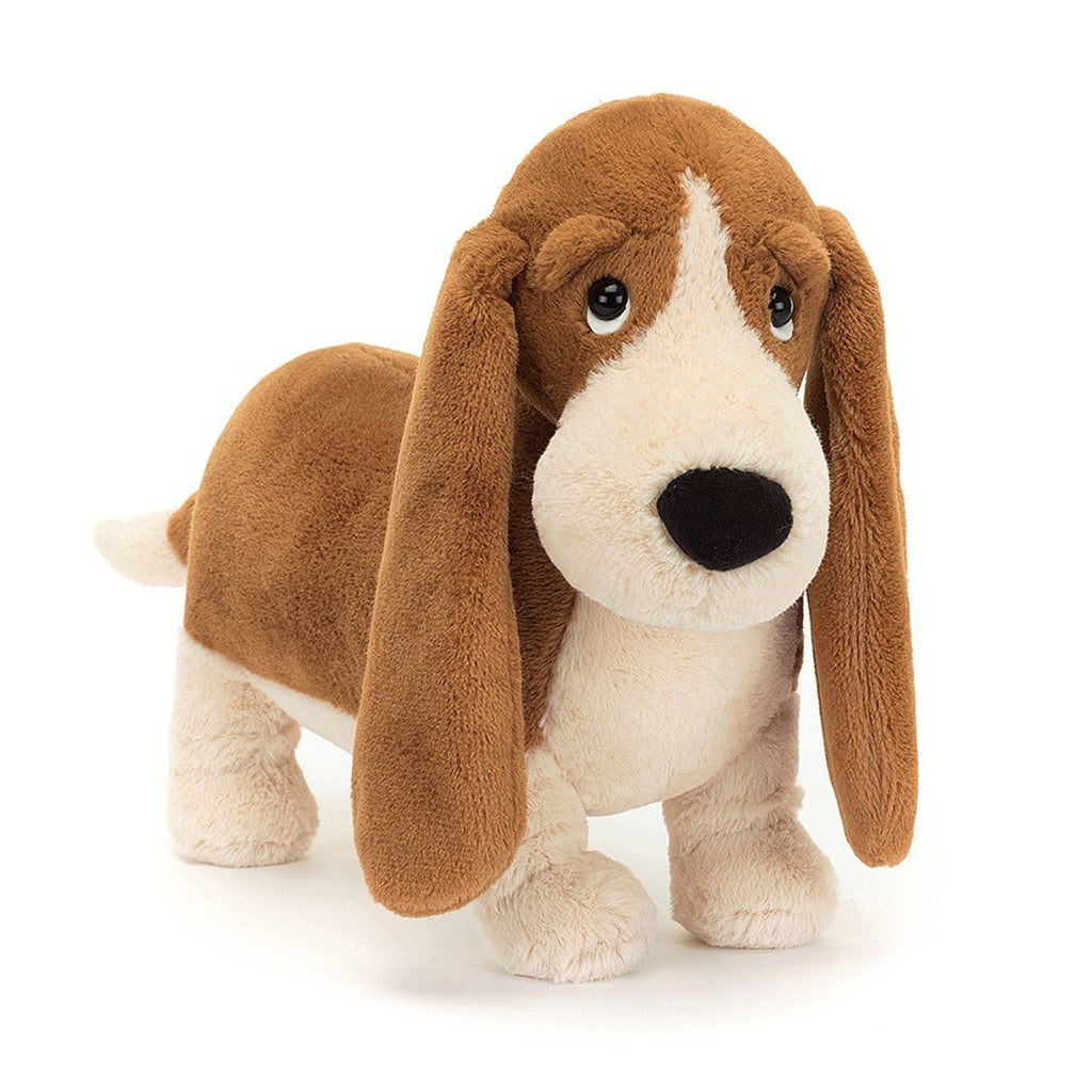 Jellycat Randall Basset Hound plush toy with brown and cream fur, long ears, black bead eyes and black nose in standing position, front view.