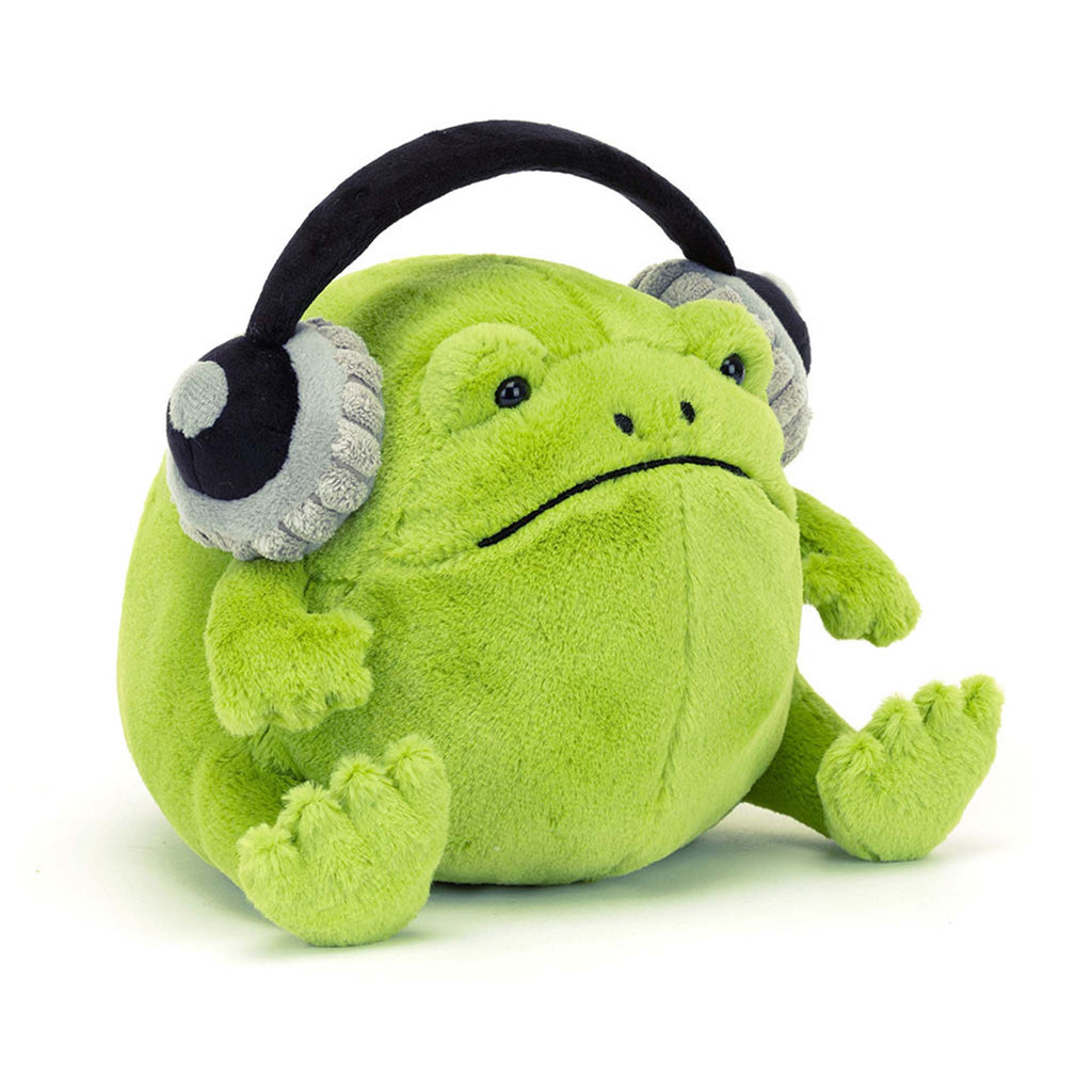 Jellycat Ricky Rain Frog with Headphones plush toy, front angle view.