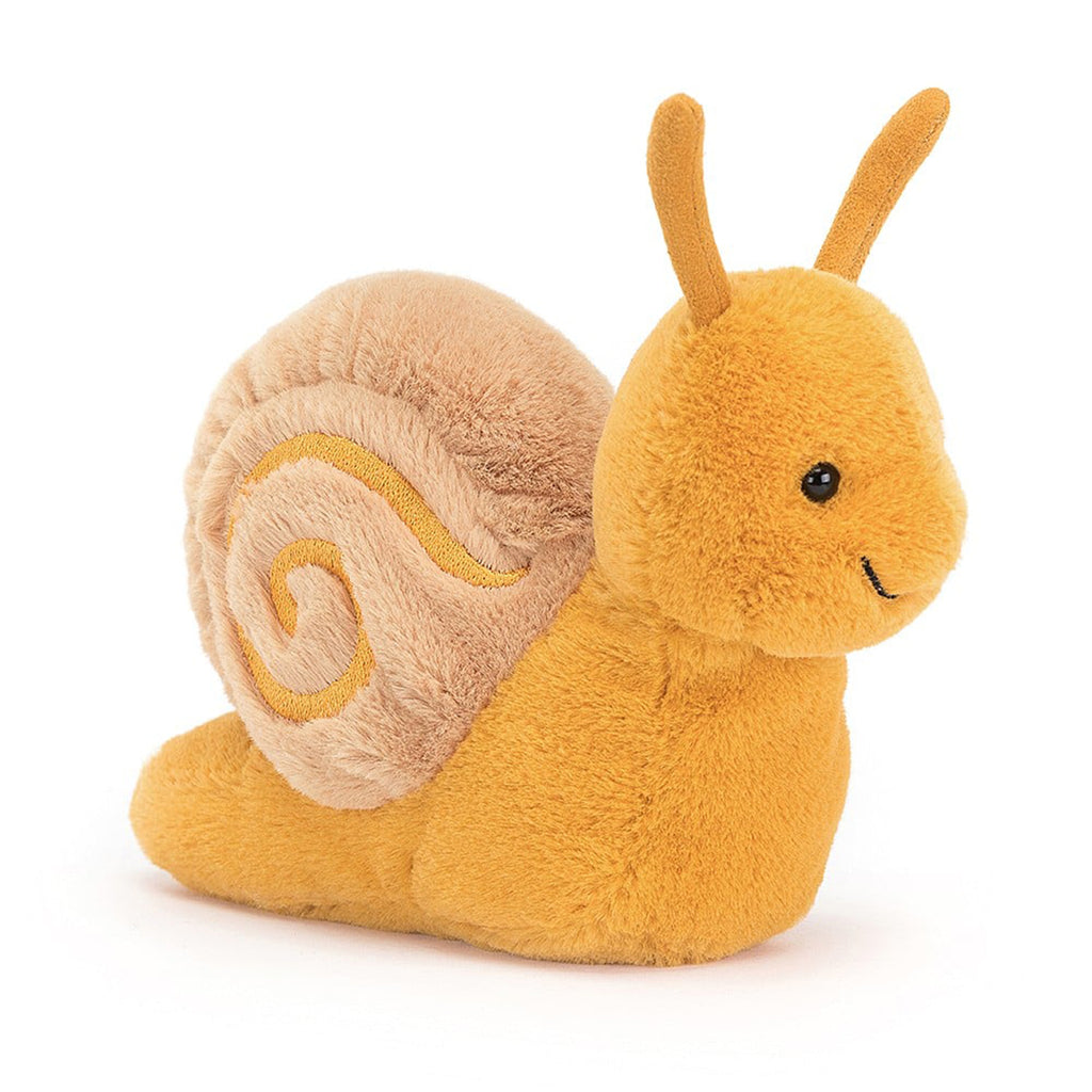 Jellycat Sandy Snail plush toy with yellow body, tan shell and black bead eyes, front and side view.