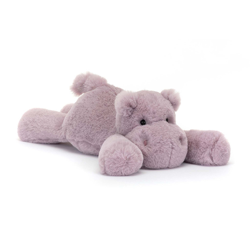 Jellycat Smudge Hippo with pale purple fur, lying down, front angle view.