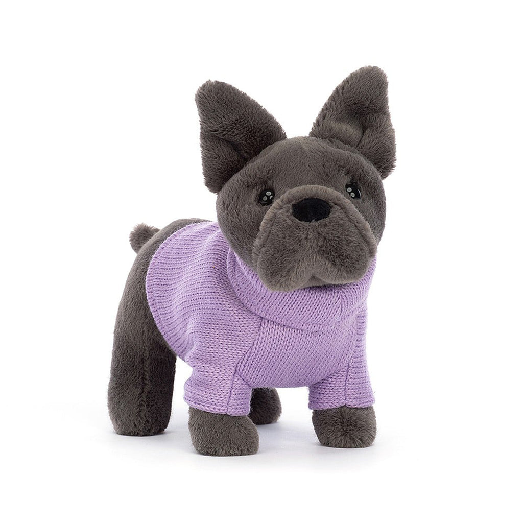 Jellycat gray french bulldog plush toy with a purple knit sweater, front view.