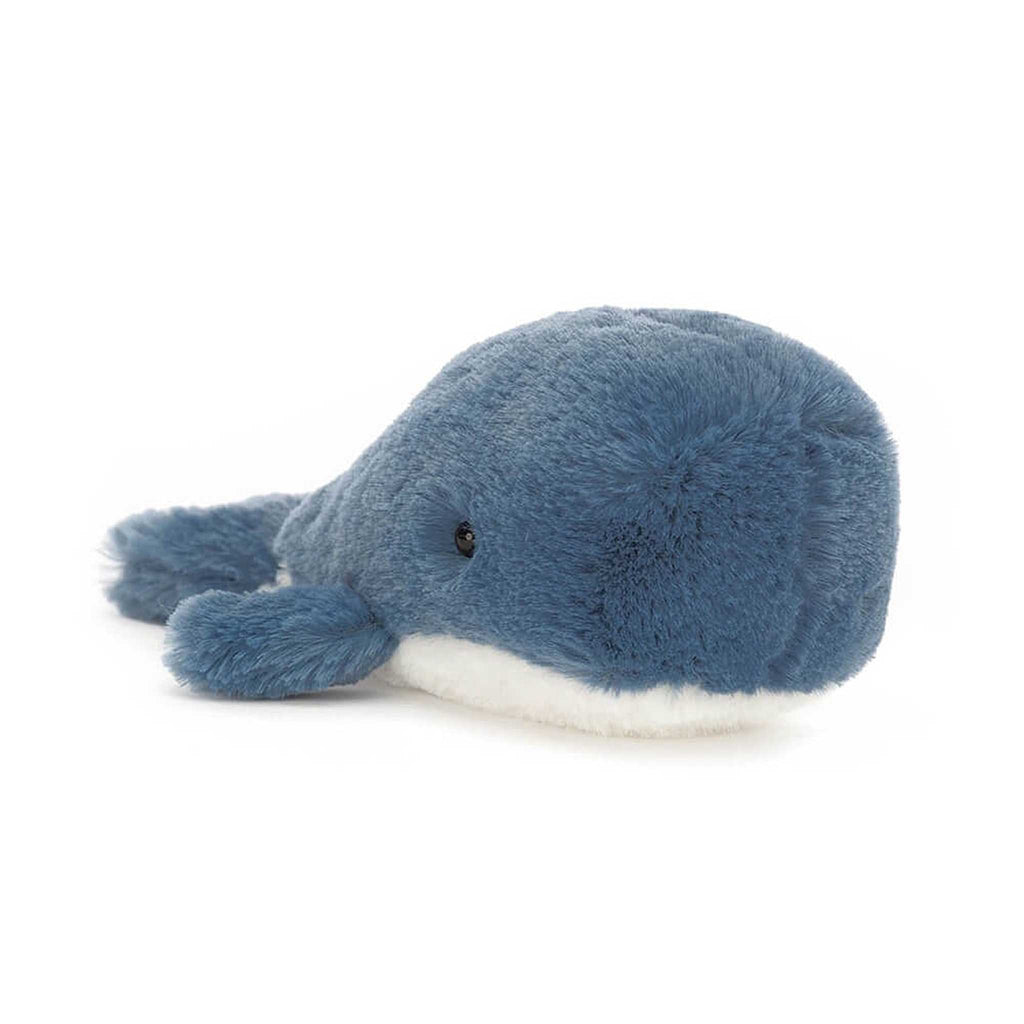 Jellycat Blue Wavelly Whale plush toy, front view.