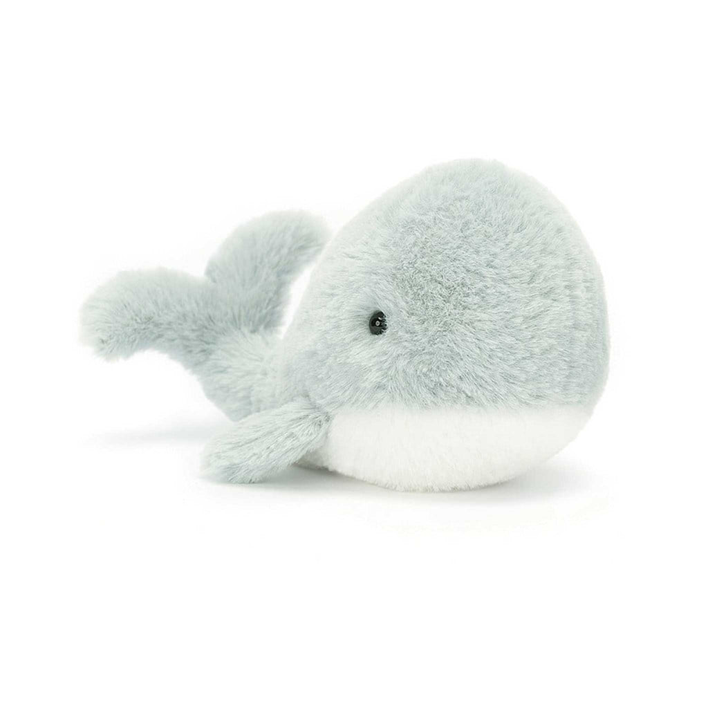 Jellycat Grey Wavelly Whale plush toy, front view.