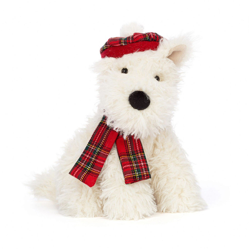 Jellycat Winter Warmer Munro Scottie Dog holiday plush, white fur with a red plaid scarf and hat, front view.