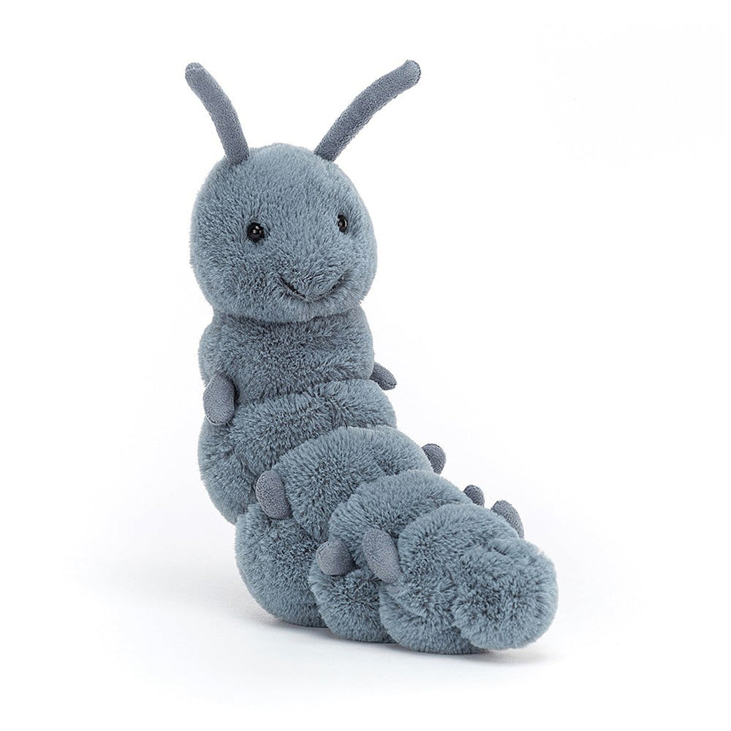 Jellycat wriggidig bug caterpillar plush toy with blue fur, black beaded eyes and suede-like antennae and legs on a segmented body, front view.