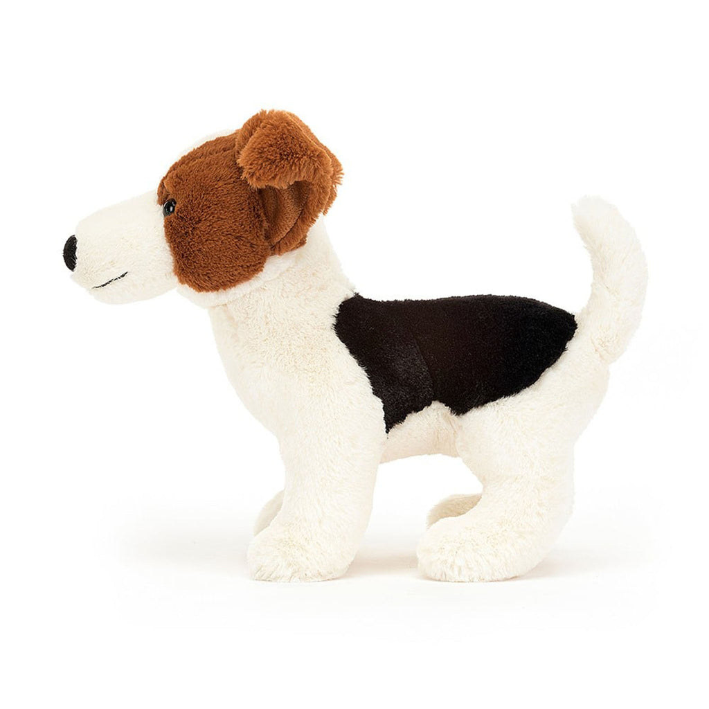 Jellycat Albert Jack Russell cream dog plush toy with brown and black patches, side view.