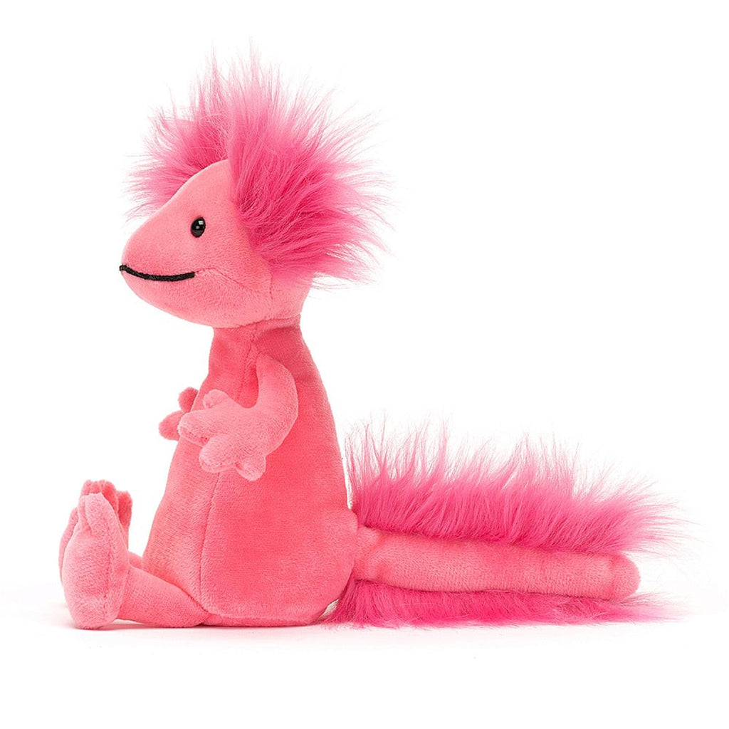 Jellycat Small Alice Axolotl pink plush toy, side view.