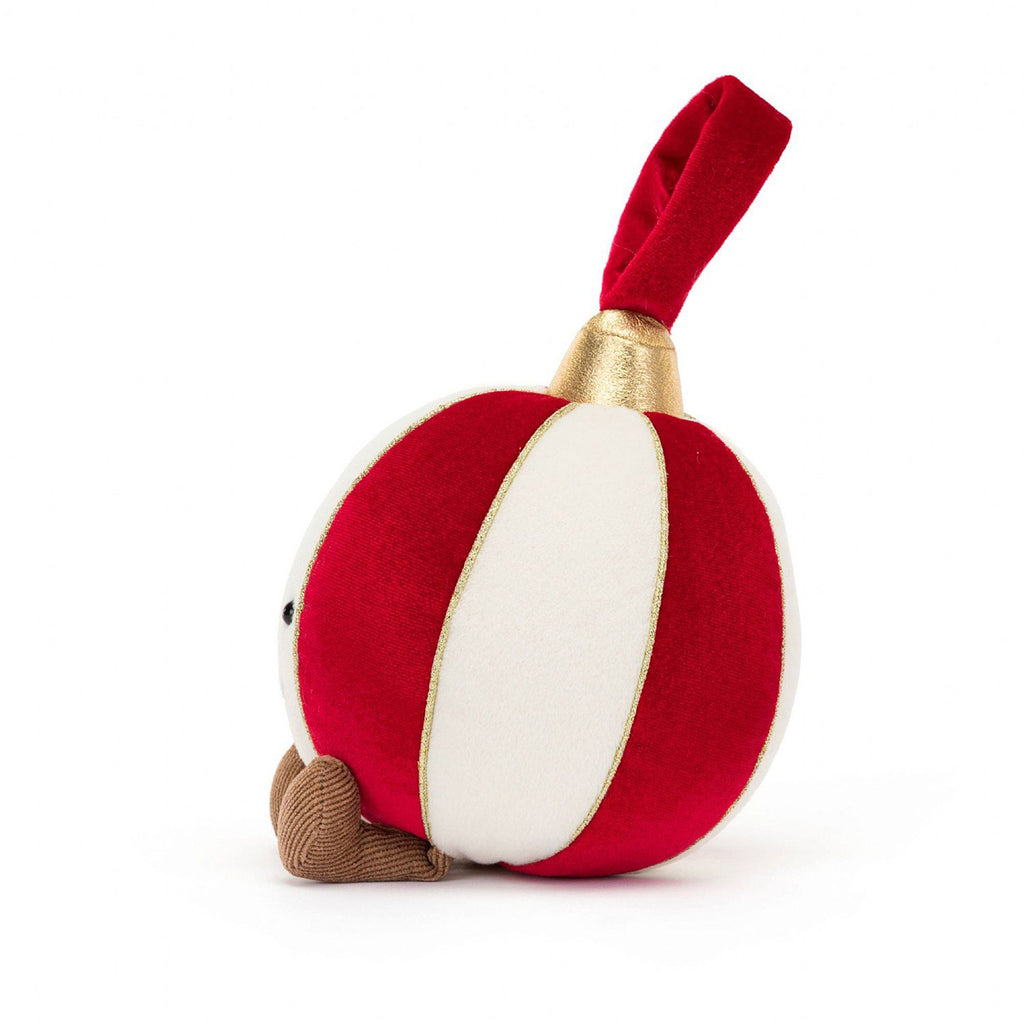 Jellycat Amuseable Bauble Ornament holiday plush with red and white vertical stripes, a red hanging loop and brown corduroy feet, side view.