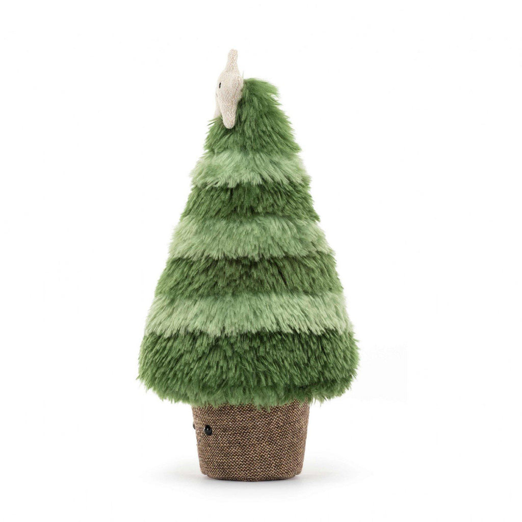 Jellycat Small Amuseable Nordic Spruce Christmas tree with two-tone green fur, a white linen star on the top and a brown linen base, side view.