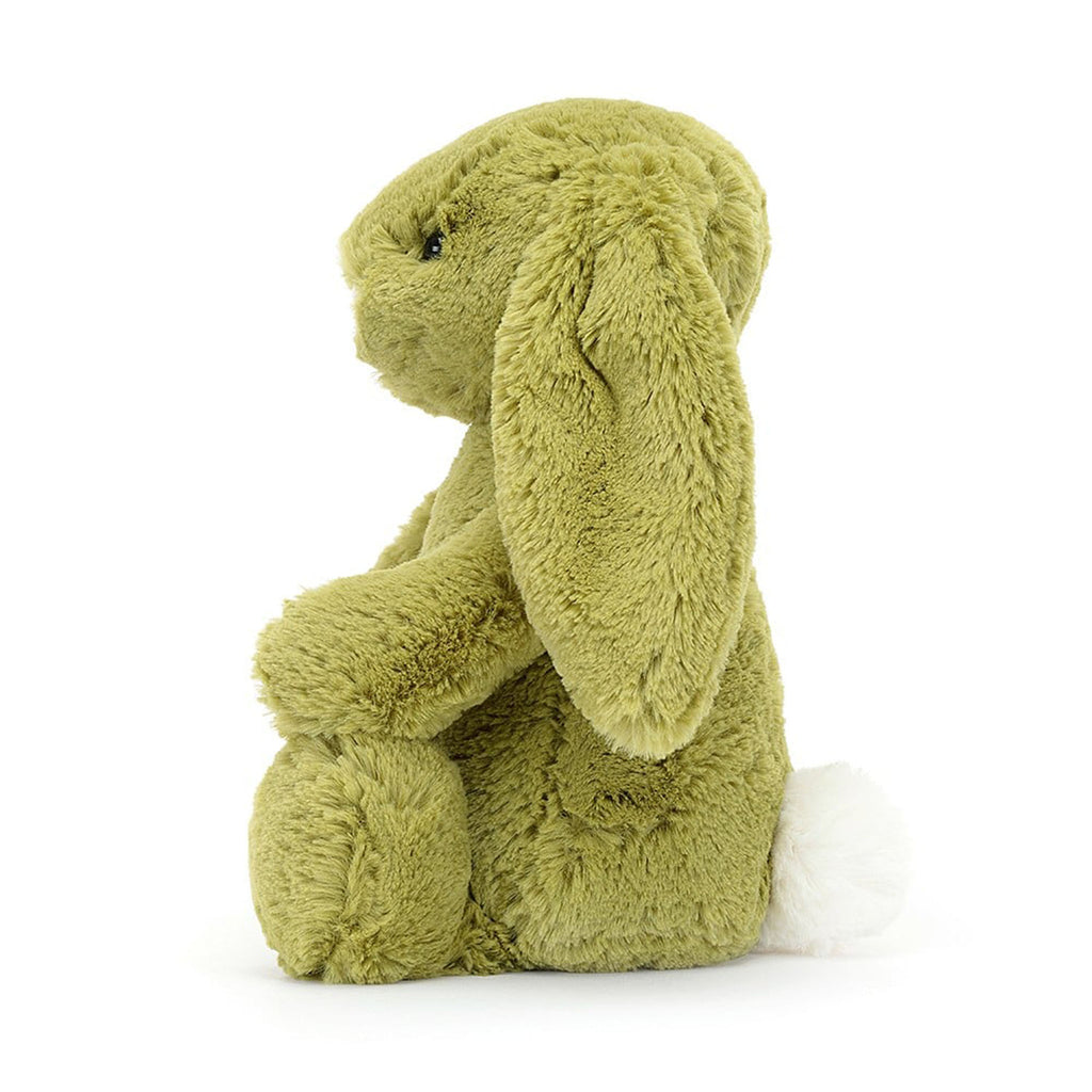 Jellycat Medium Bashful Moss Green Bunny plush toy with pink nose and black bead eyes, side view.