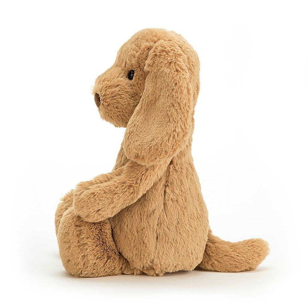 Jellycat Small Bashful Toffee Puppy plush toy, side view.