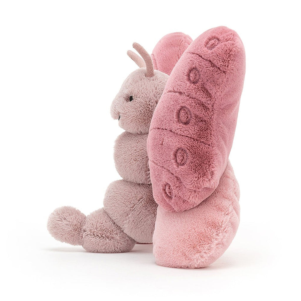 Jellycat Beatrice Butterfly pink plush toy, side view.