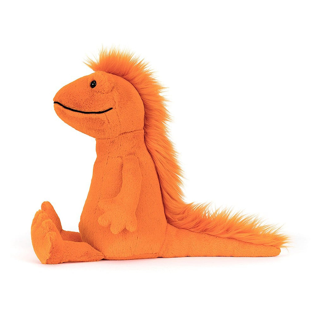 Jellycat Cruz Crested Newt plush toy with orange fur, black bead eyes and a black stitched smile, side view.