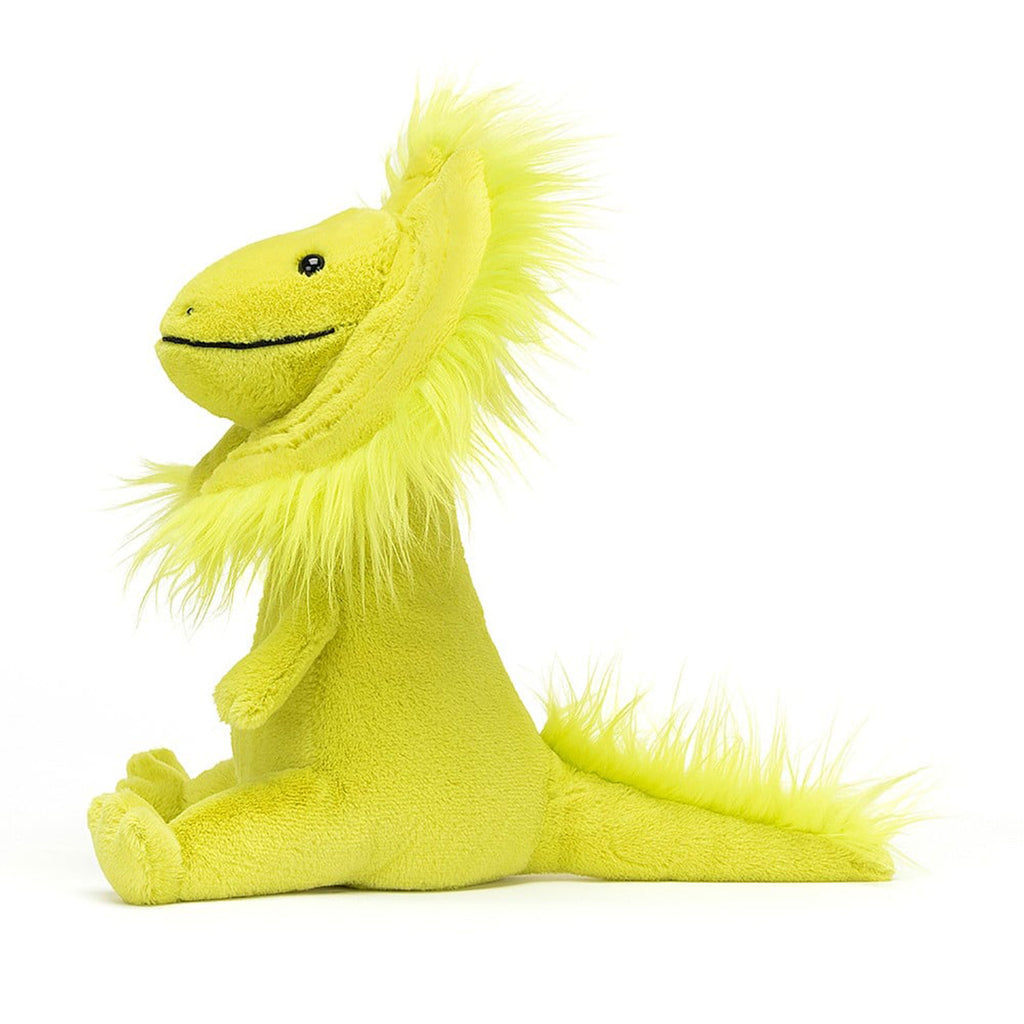 Jellycat Davey Dilophosaurus plush toy with lime green fur, black bead eyes and stitched smile, side view.