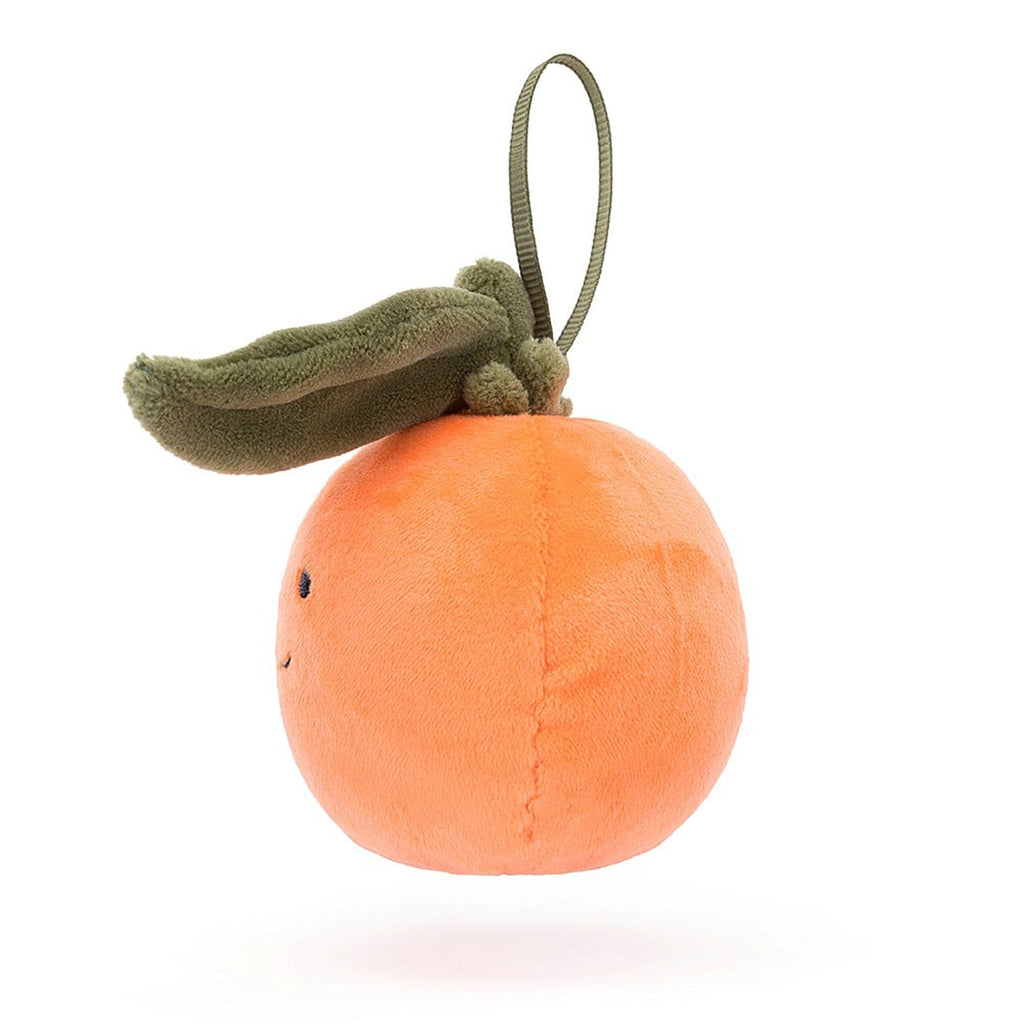 Jellycat Festive Folly Clementine holiday plush ornament, side view.