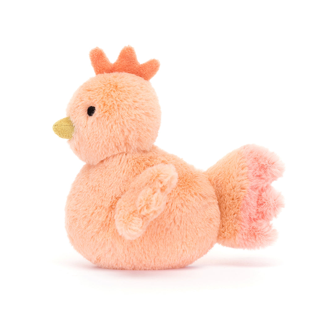 Jellycat Fluffy Chicken plush toy, side view.