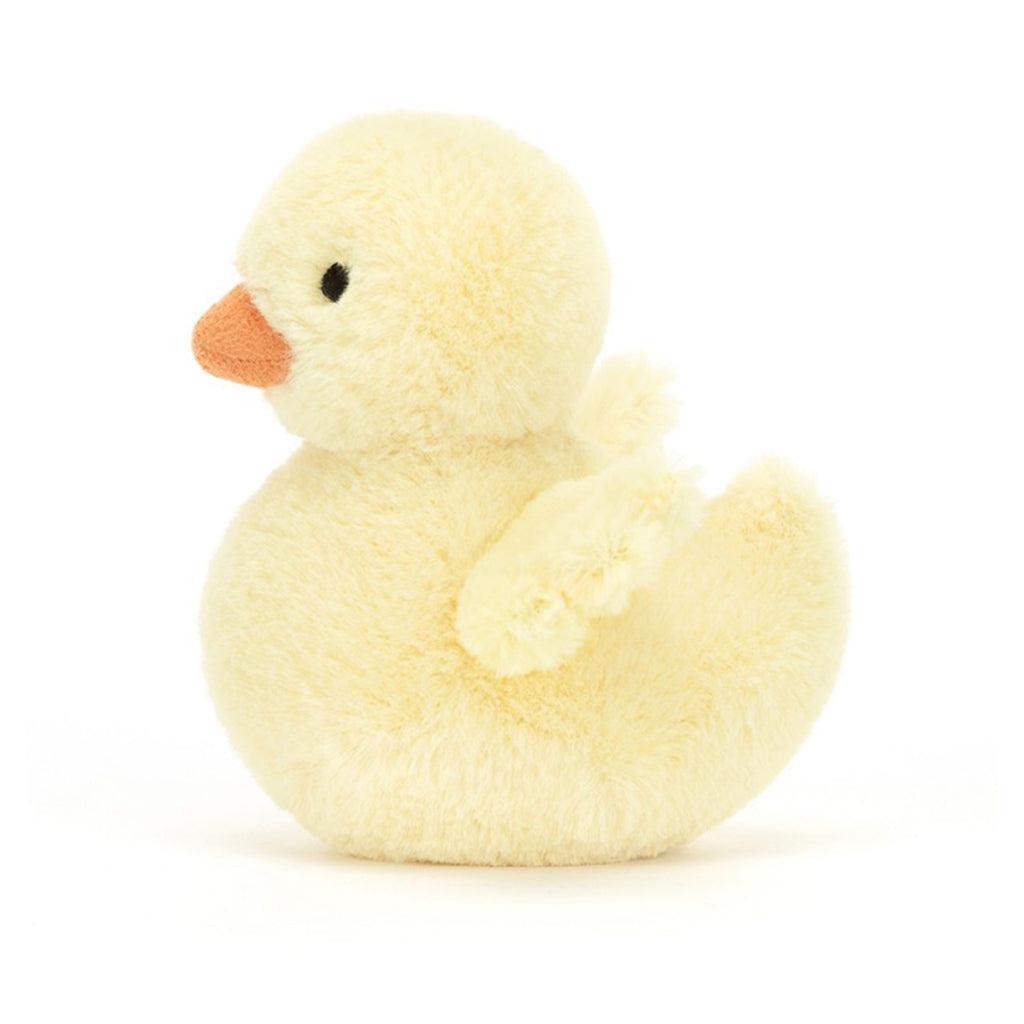 Jellycat Fluffy Duck plush toy, side view.