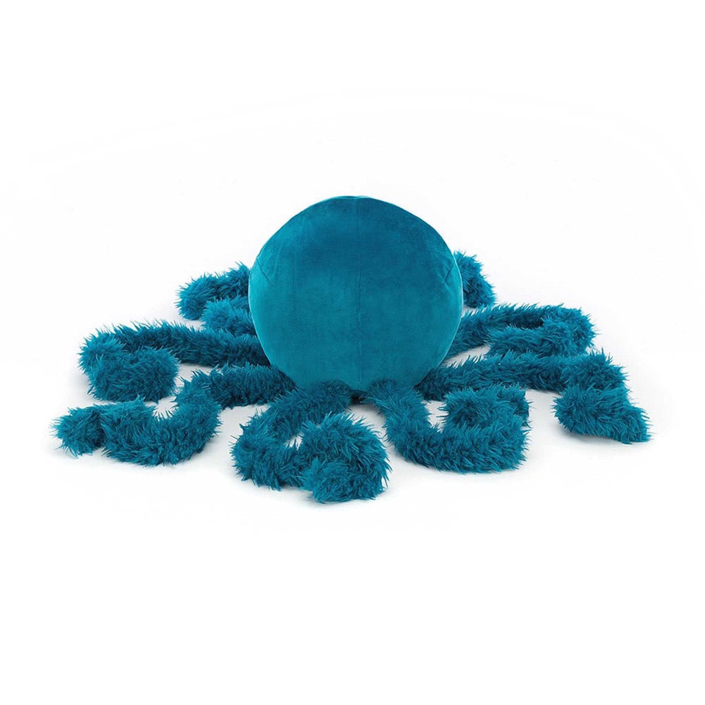 Jellycat Letty Jellyfish plush toy with teal blue furry legs, back view.