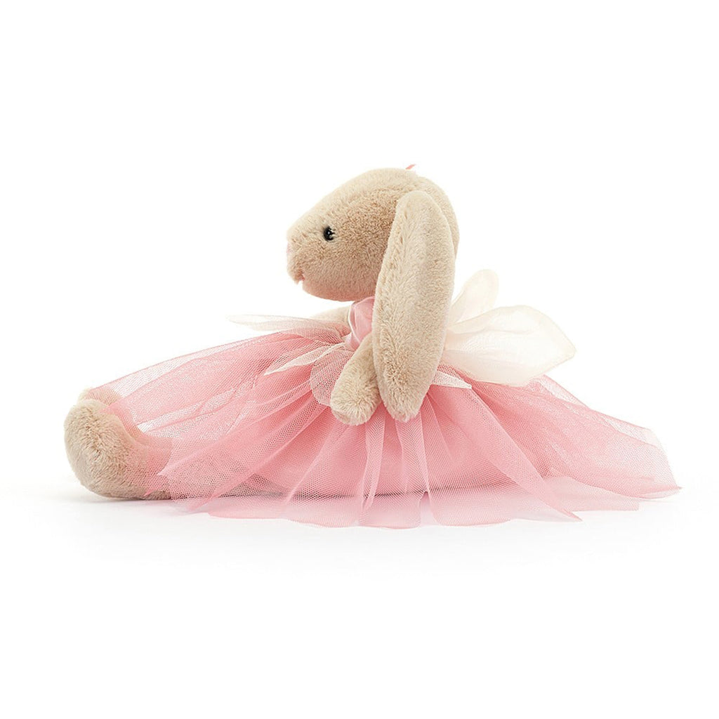 Jellycat Lottie Bunny Fairy plush toy with pink tutu and ribbon on ears, side view.
