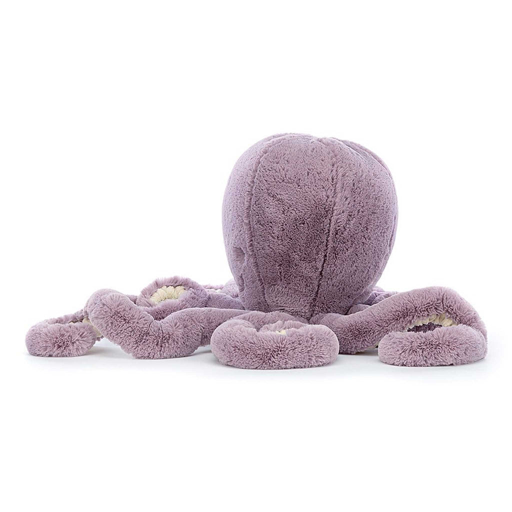 Jellycat Large Maya Octopus with purple fur, side view.