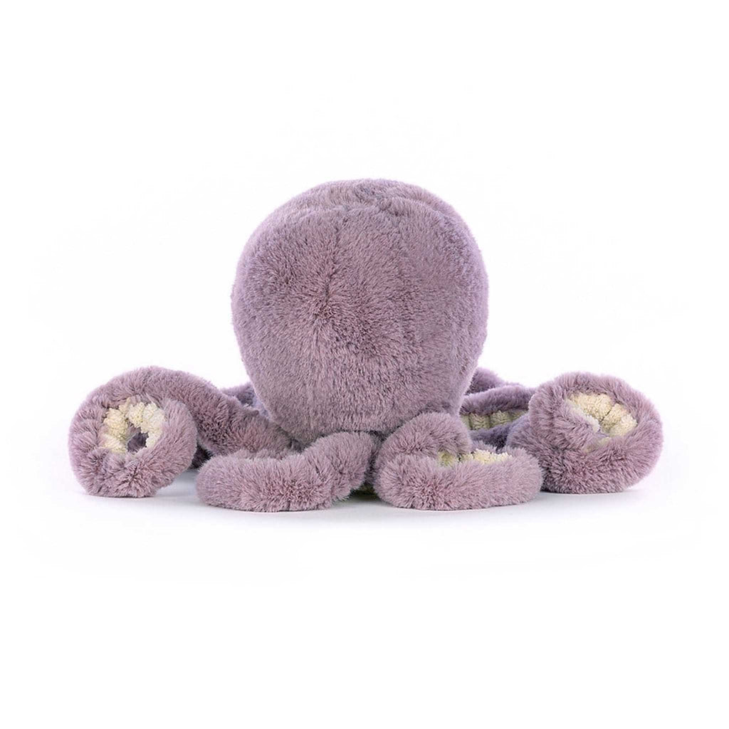 Jellycat Little Maya Octopus with purple fur, back view.