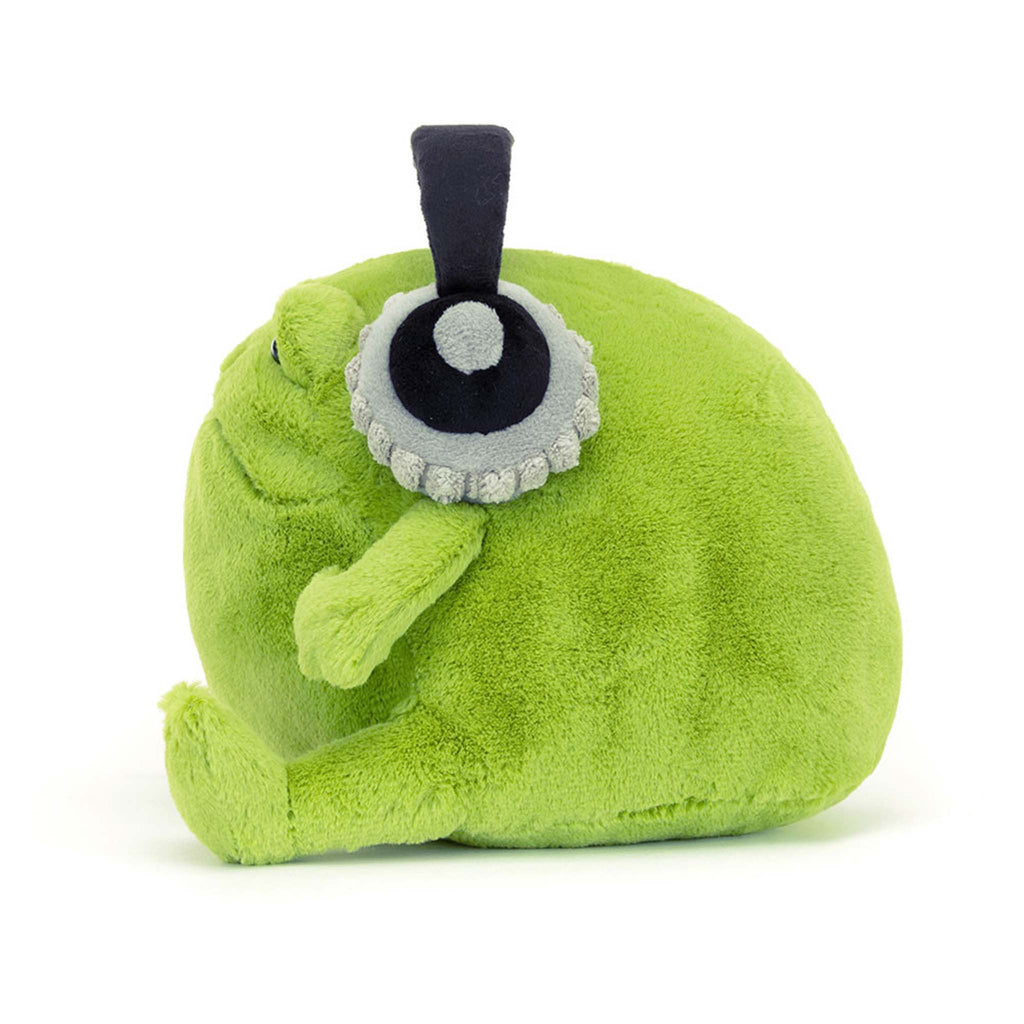 Jellycat Ricky Rain Frog with Headphones plush toy, side view.