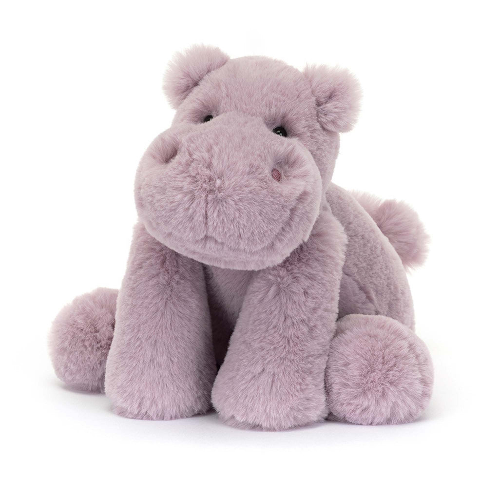 Jellycat Smudge Hippo with pale purple fur, sitting up, front view.