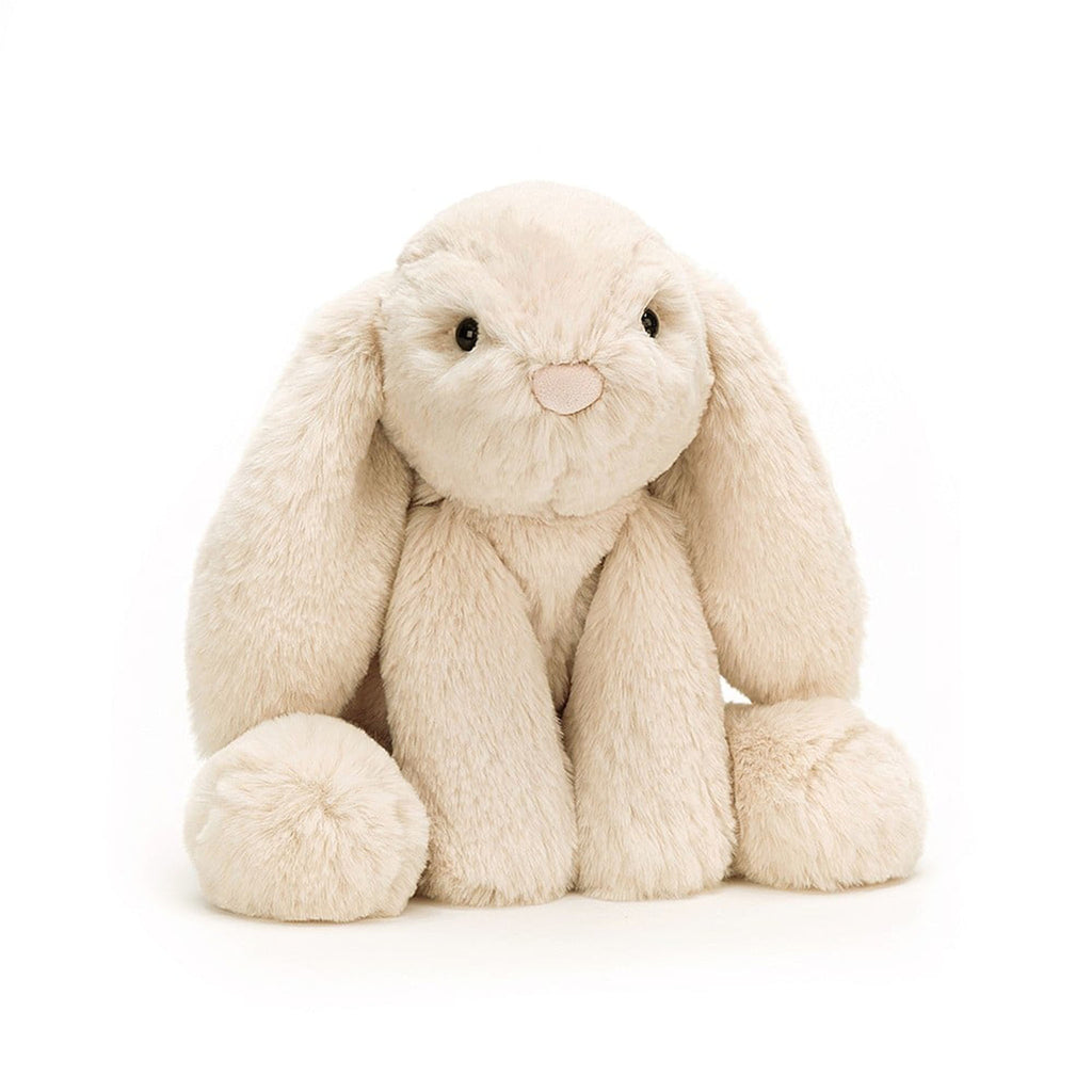 Jellycat Medium Smudge Rabbit, tan bunny plush toy sitting up, front view.