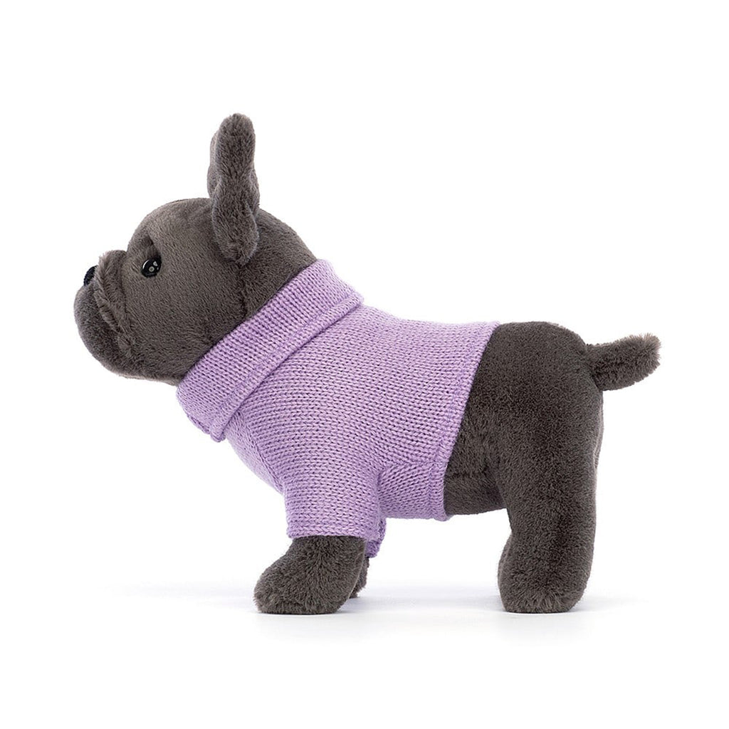 Jellycat gray french bulldog plush toy with a purple knit sweater, side view.