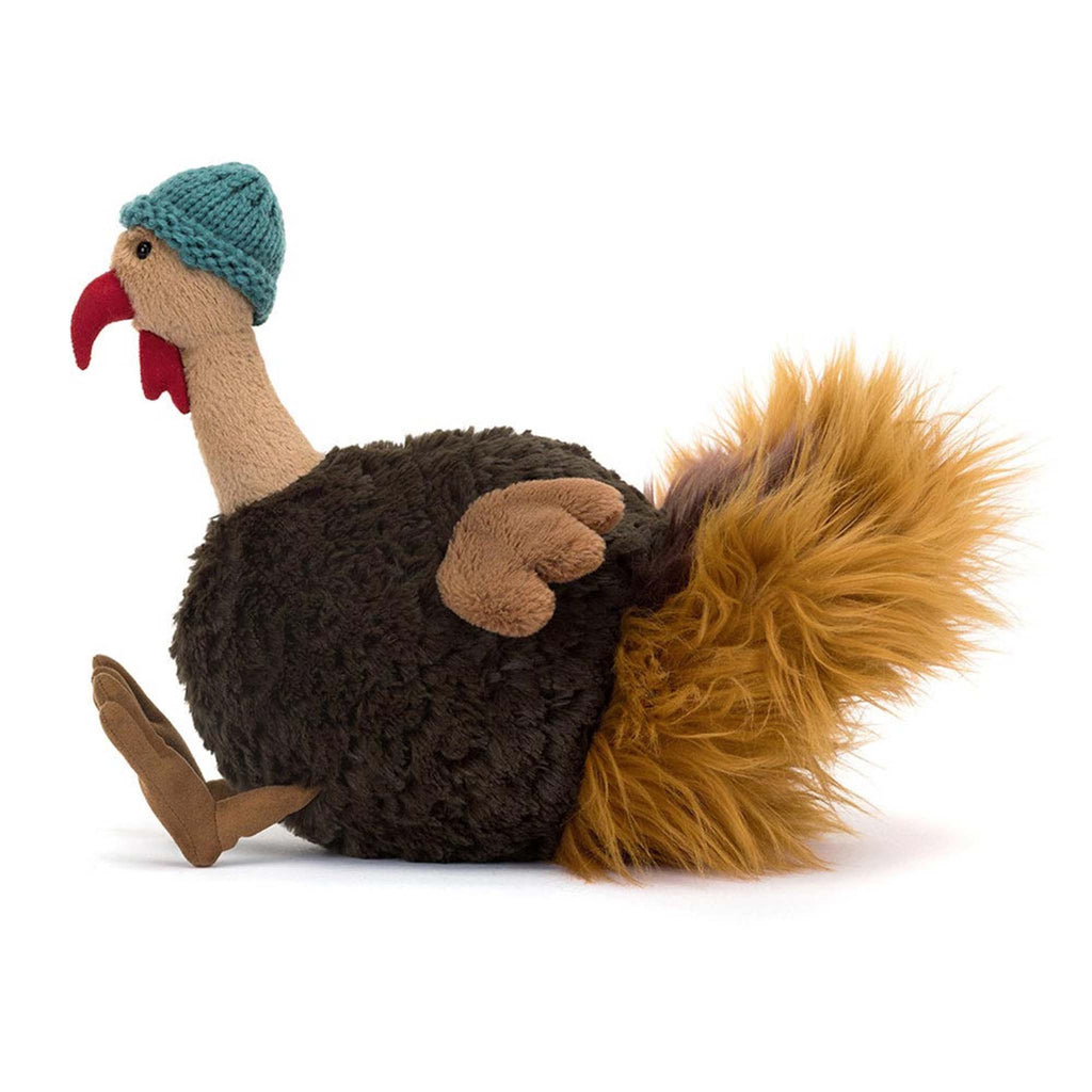 Jellycat Theo Turkey plush toy, side view.