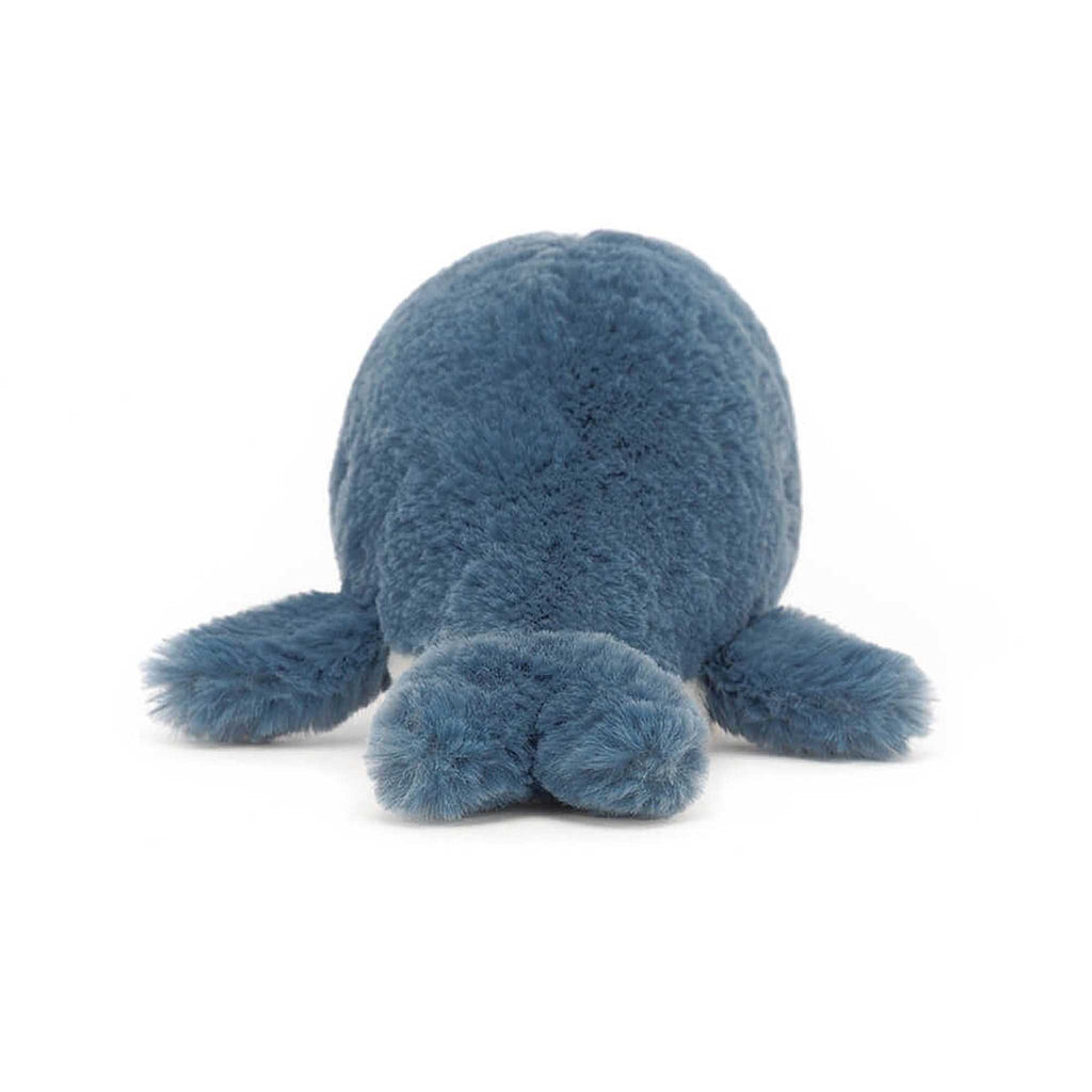 Jellycat Blue Wavelly Whale plush toy, rear view.