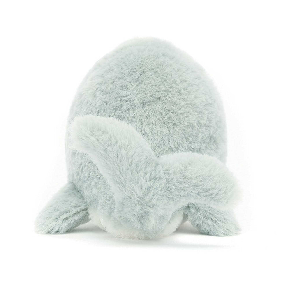 Jellycat Grey Wavelly Whale plush toy, back view.