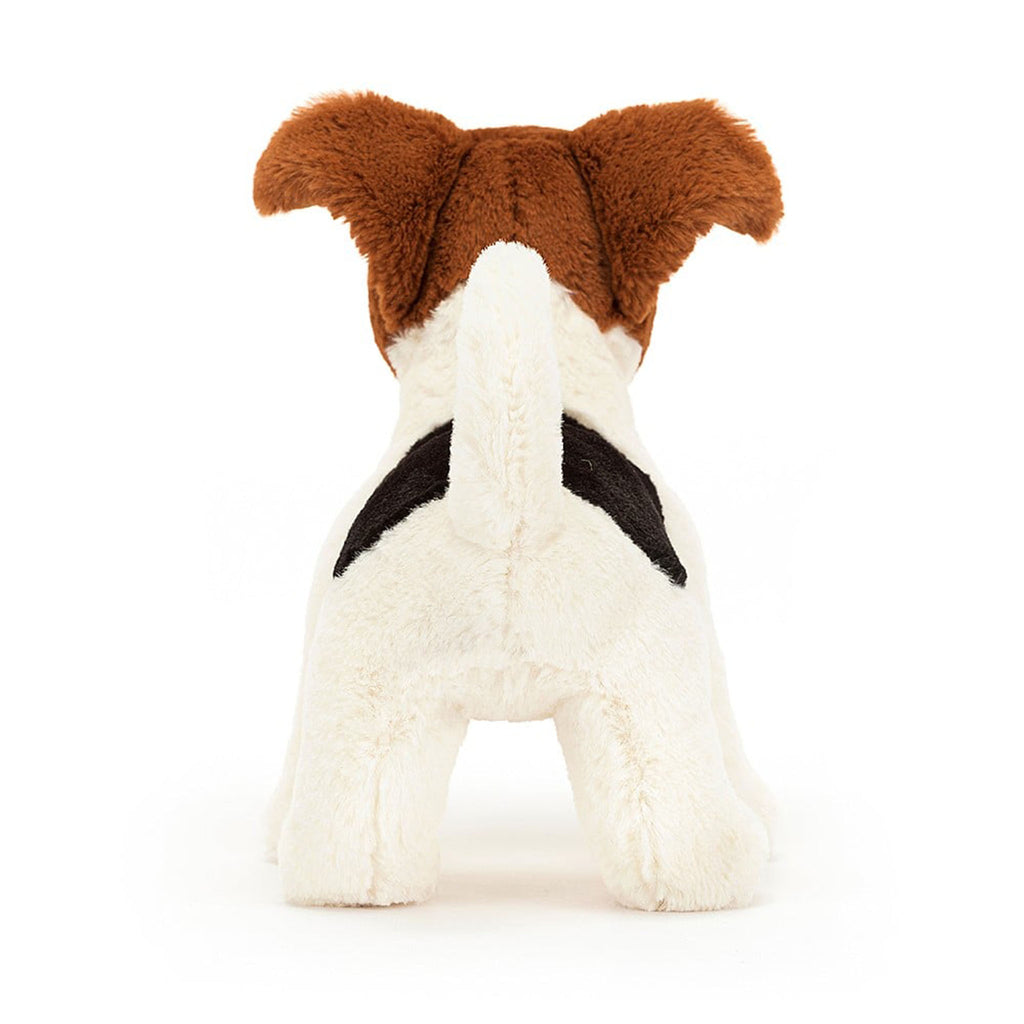 Jellycat Albert Jack Russell cream dog plush toy with brown and black patches, back view.