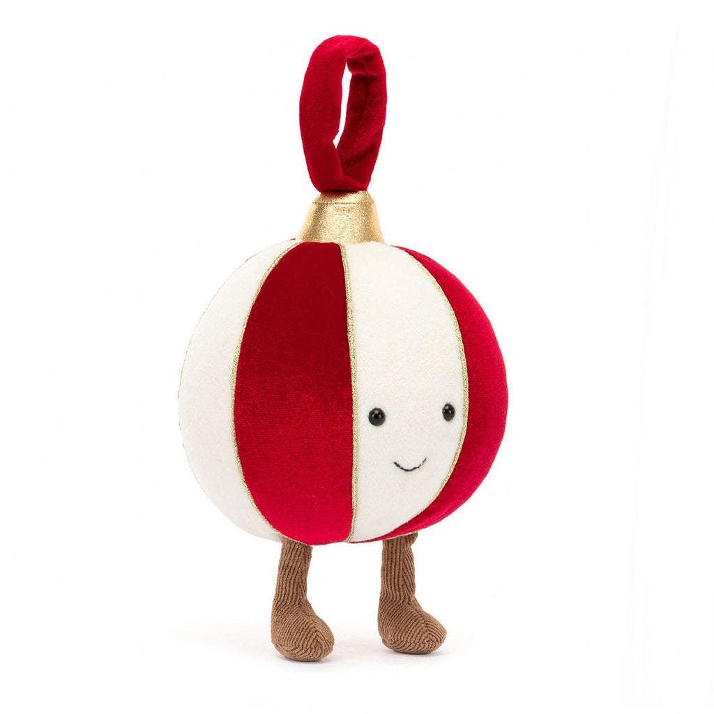 Jellycat Amuseable Bauble Ornament holiday plush with red and white vertical stripes, a red hanging loop and brown corduroy feet, front view, standing.