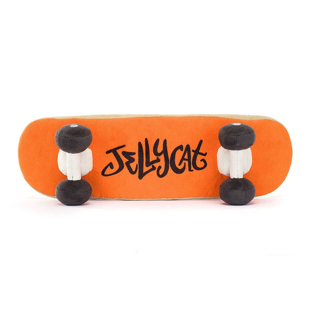 Jellycat amuseable sports skateboarding, plush skateboard, bottom view.