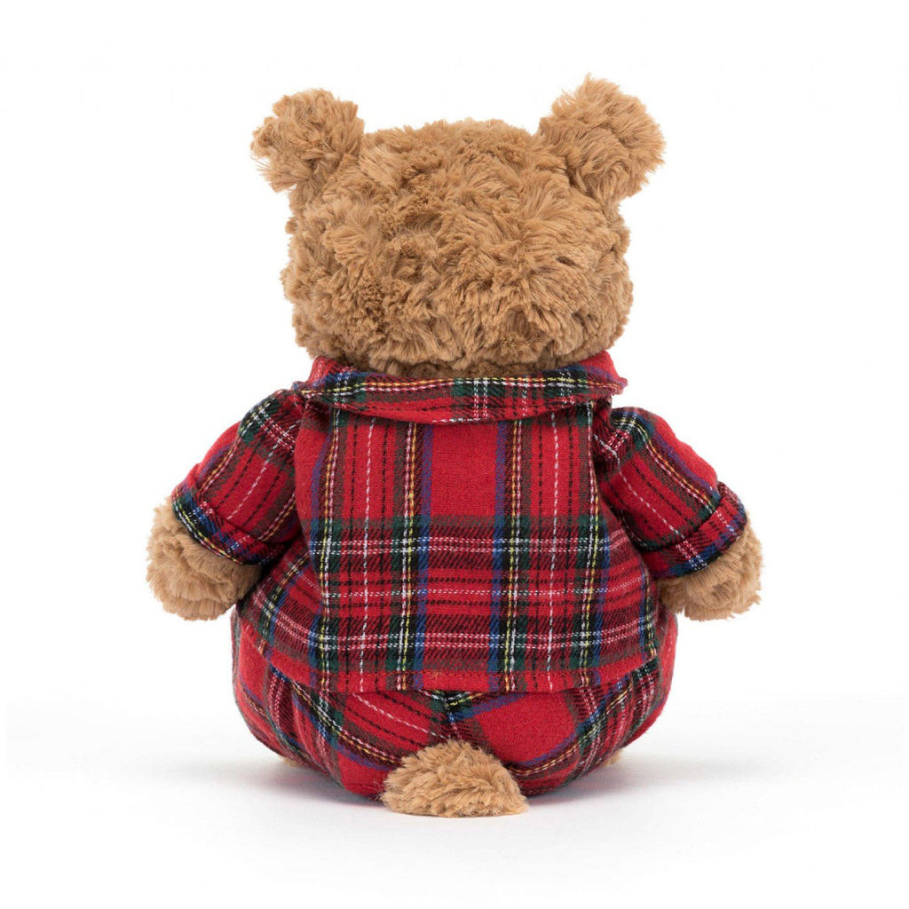 Jellycat Medium Bartholomew Bear Bedtime, gingerbread colored fur with red plaid flannel pajamas, back  view.