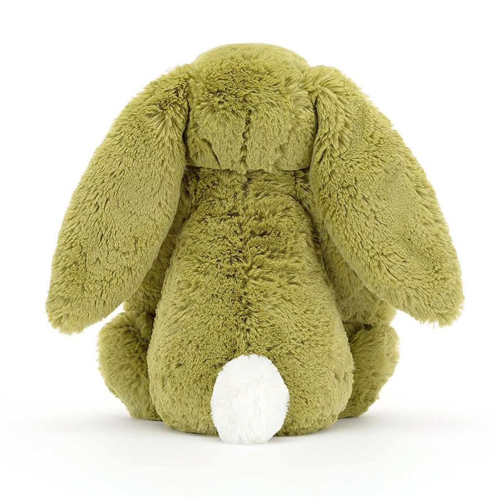 Jellycat Medium Bashful Moss Green Bunny plush toy with pink nose and black bead eyes, back view.