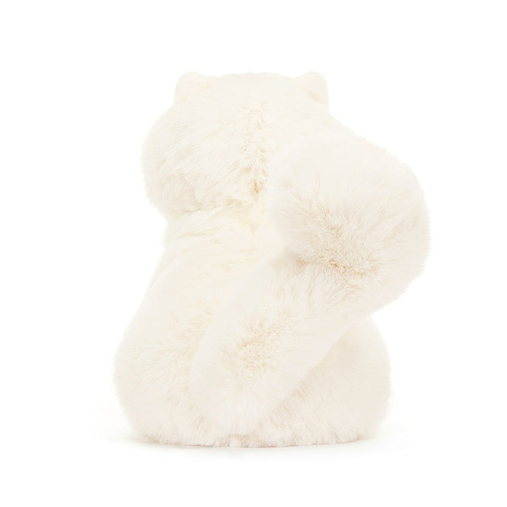 Jellycat Carissa Persian Cat plush toy with fluffy white fur, black bead eyes and a stitched nose, back view.