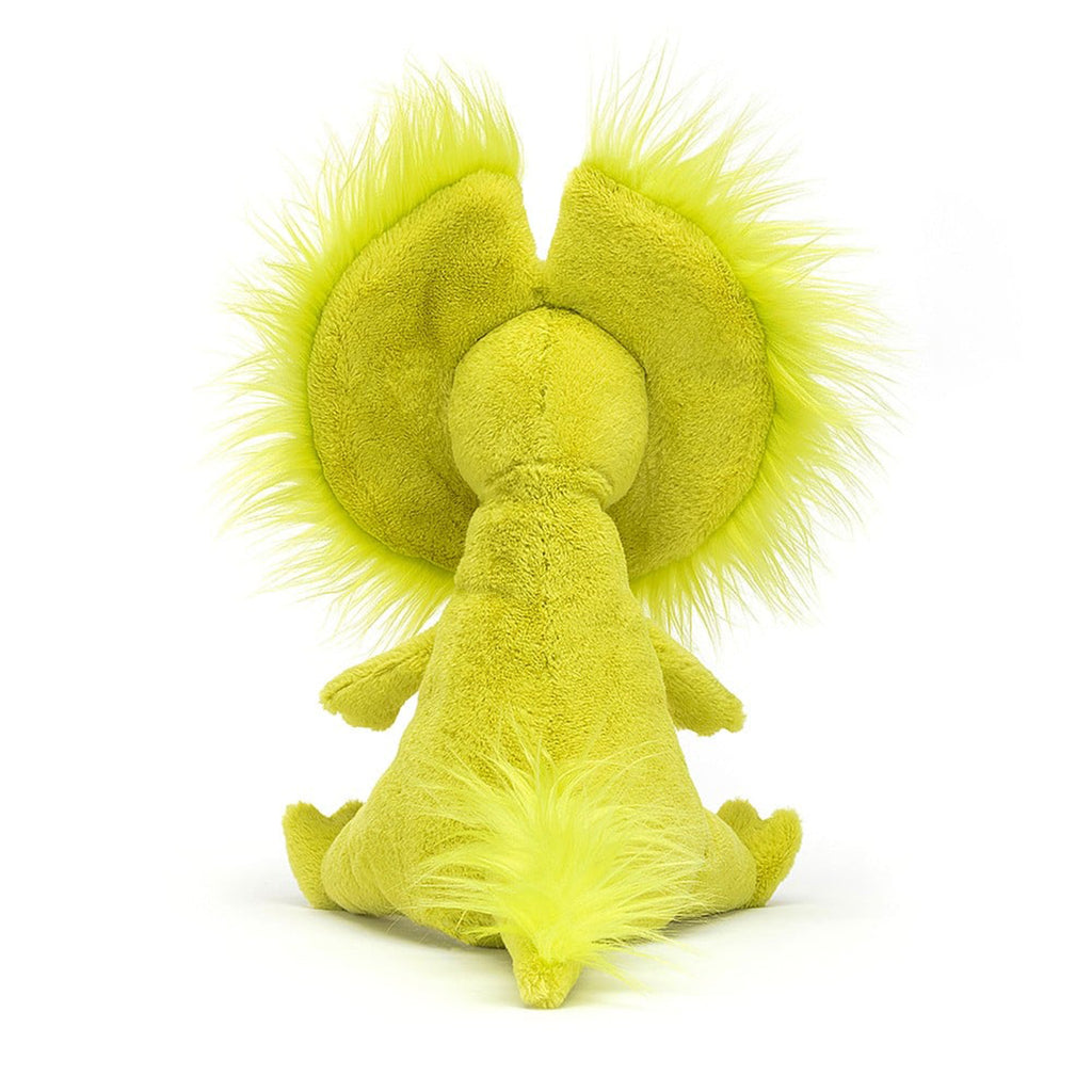 Jellycat Davey Dilophosaurus plush toy with lime green fur, back view.