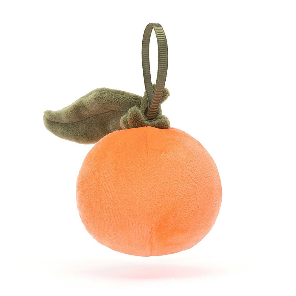 Jellycat Festive Folly Clementine holiday plush ornament, back view.