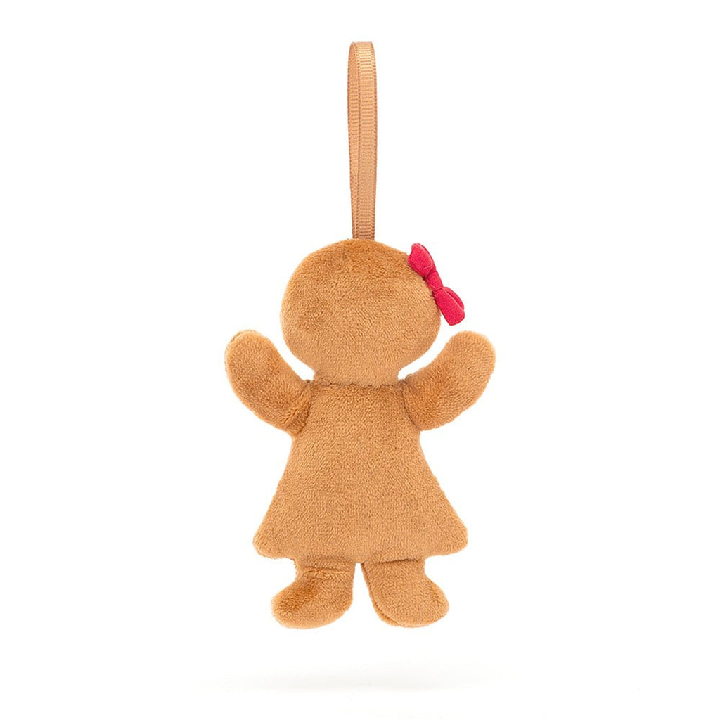 Jellycat Festive Folly Gingerbread Ruby holiday plush ornament, back view.