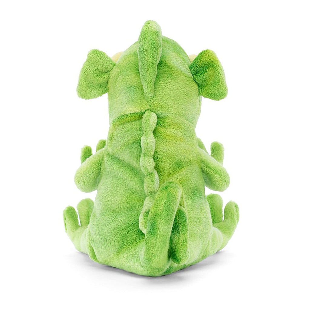 Jellycat Frankie Frilled-Neck Lizard plush toy with green ombre fur, curly tail and yellow bug eyes, back view.