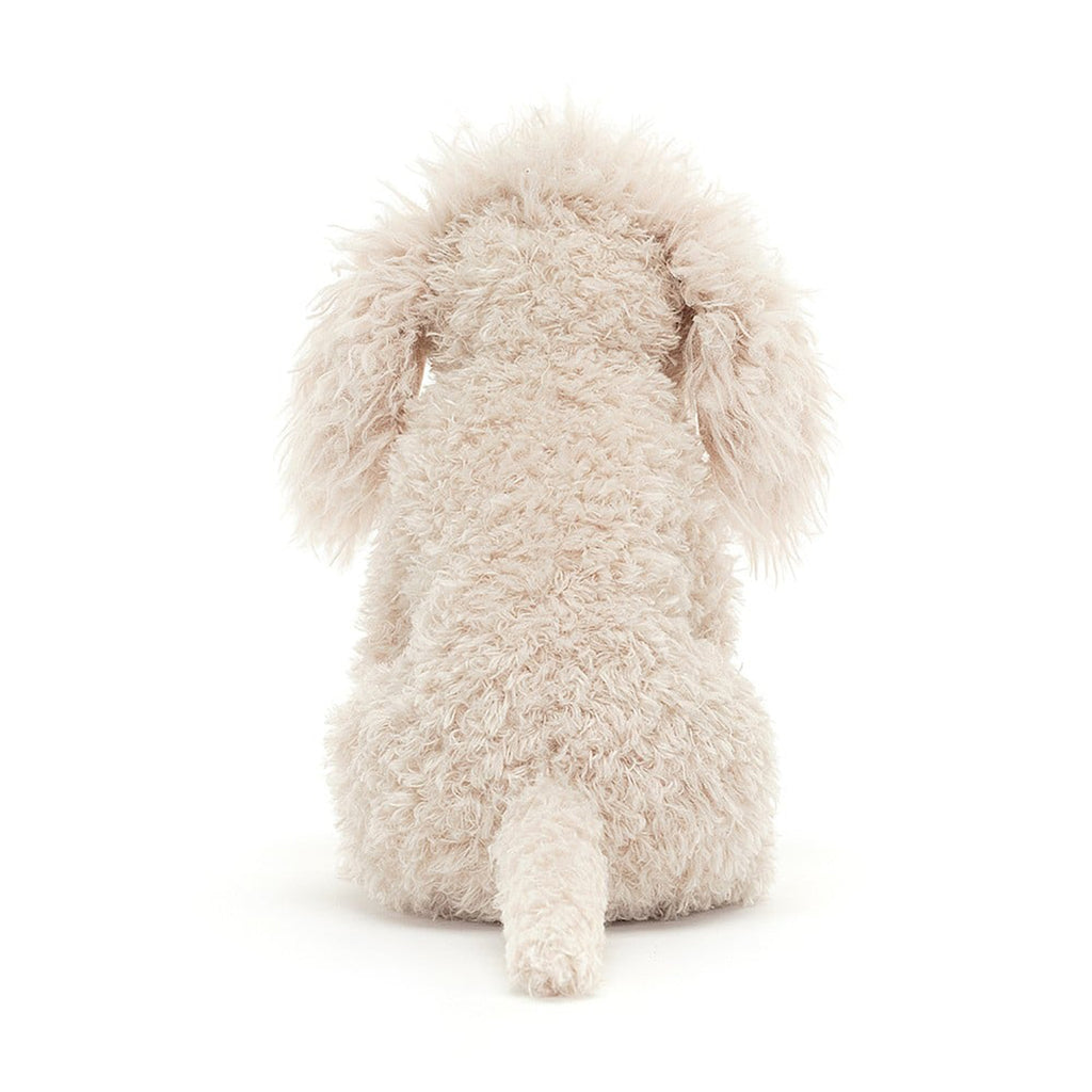 Jellycat Georgiana Poodle Plush Toy with cream fur, brown nose and black bead eyes, back view.